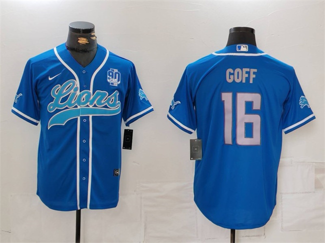 Men's Detroit Lions #16 Jared Goff Blue With 90th Anniversary Patch Cool Base Stitched Baseball Jersey Men's Detroit Lions #16 Jared Goff Blue With 90th Anniversary Patch Cool Base Stitched Baseball Jersey